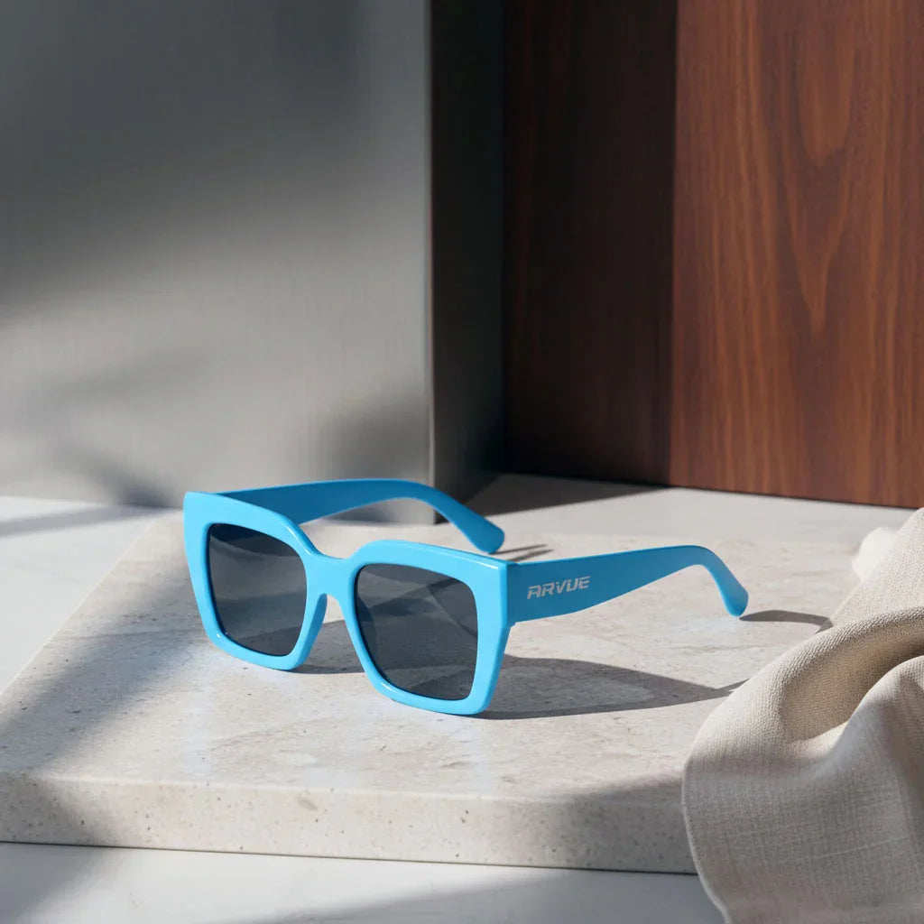Azure blue women's sunglasses with luxury pouch, ARVUE