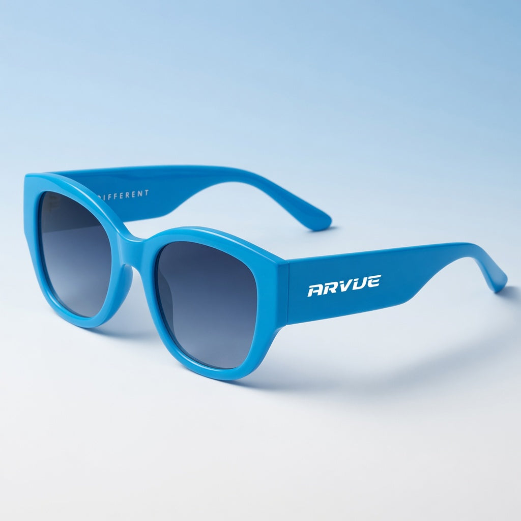 Azure blue high-set sunglasses by ARVUE, designed in Abu Dhabi